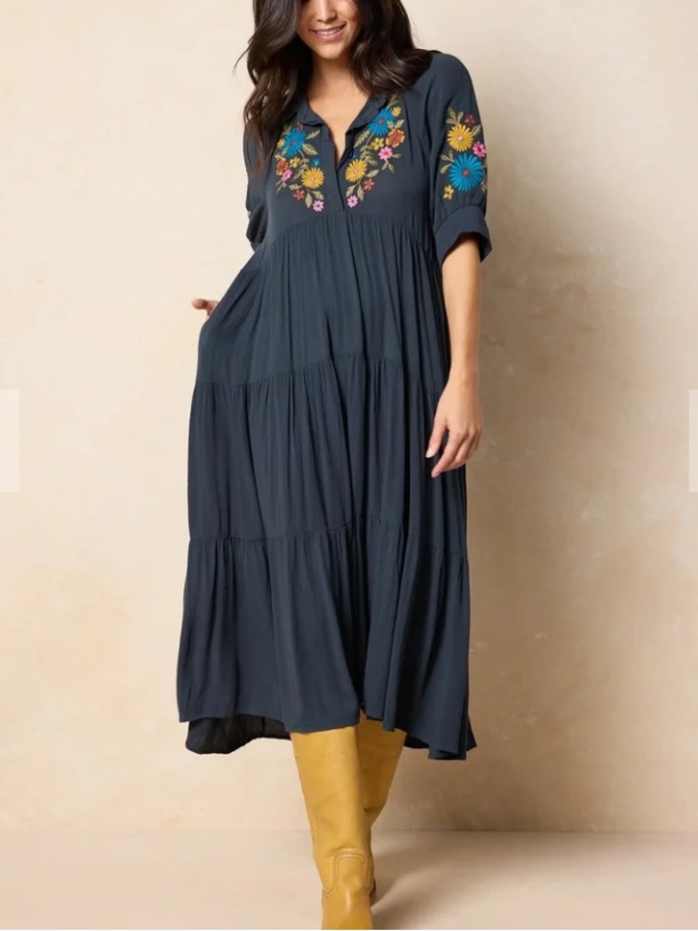 Natural Life Rebecca Floral Embroidered Blue Midi Dress